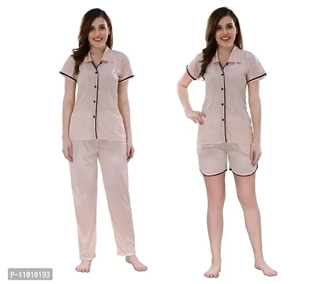 Romaisa Women's Satin Solid Nightsuit Regular Length Top and Pyjama with Shorts (PT204-399A_Rosy Brown_Free Size) (Nightsuit Set Pack of 3)-thumb0