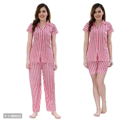 Romaisa Women's Satin Printed Nightsuit Regular Length Top and Pyjama with Shorts (PT208-375_Pink_Free Size) (Nightsuit Set Pack of 3)