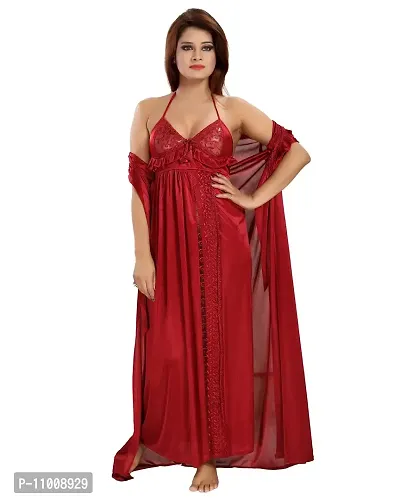 Romaisa Women's Satin Solid Maxi Length Nighty with Robe (RN283-346_Maroon_Free Size) (Nightwear Set Pack of 2)