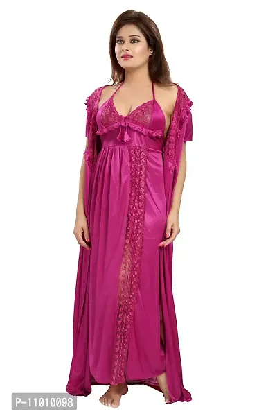 Romaisa Women's Satin Solid Maxi Length Nighty with Robe (RN282-329_Alice Magenta_Free Size) (Nightwear Set Pack of 2)