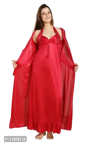 Romaisa Women's Satin Solid Maxi Length Nighty with Robe (RN289-320_Alice Red_Free Size) (Nightwear Set Pack of 2)