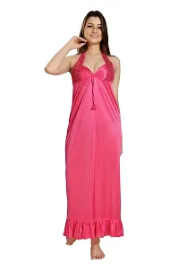 Romaisa Women's Satin Solid Maxi Length Nighty with Robe (RN292-369_Light Coral_Free Size) (Nightwear Set Pack of 2)-thumb1
