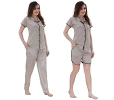 Romaisa Women's Satin Solid Nightsuit Regular Length Top and Pyjama with Shorts (PT202-325_Gray_Free Size) (Nightsuit Set Pack of 3)-thumb3