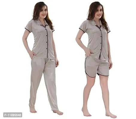 Romaisa Women's Satin Solid Nightsuit Regular Length Top and Pyjama with Shorts (PT202-325_Gray_Free Size) (Nightsuit Set Pack of 3)-thumb4