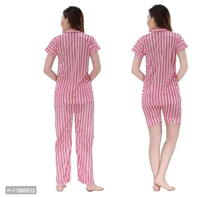 Romaisa Women's Satin Printed Nightsuit Regular Length Top and Pyjama with Shorts (PT208-375_Pink_Free Size) (Nightsuit Set Pack of 3)-thumb2
