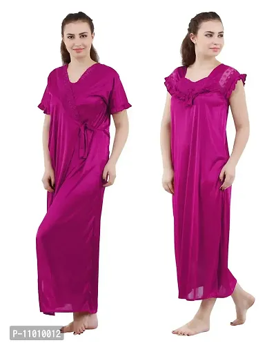 Romaisa Women's Satin Solid Maxi Length Nighty with Robe (RN297OMR329_Magenta_Free Size) (Nightwear Set Pack of 2)-thumb4