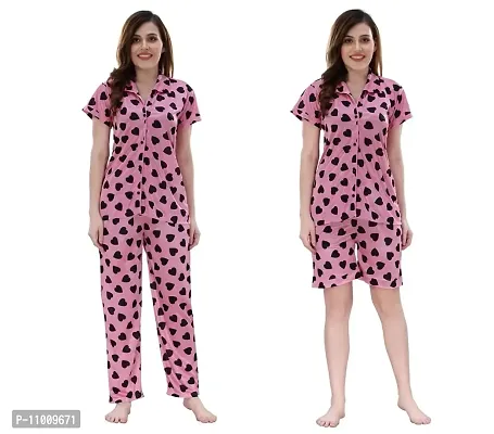 Romaisa Women's Satin Printed Nightsuit Regular Length Top and Pyjama with Shorts (PT199-375_Pink_Free Size) (Nightsuit Set Pack of 3)-thumb0