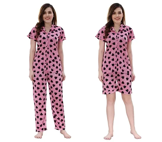 Women's Satin Printed Regular Length Top and Pyjama with Shorts (Free Size)