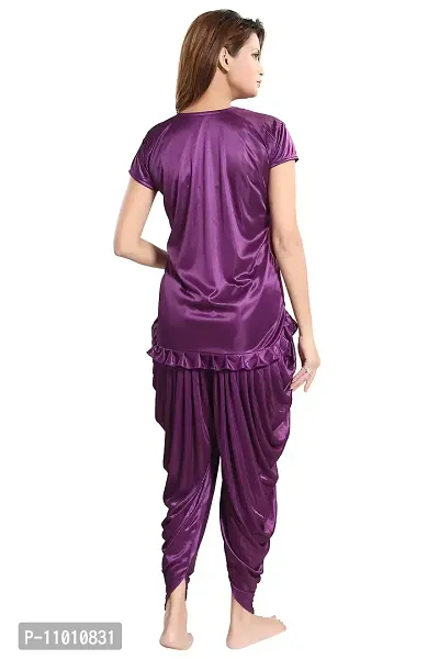 Romaisa Women's Satin Solid Nightsuit Regular Length Top with Pyjama (PT144-361_Indigo Purple_Free Size)-thumb2