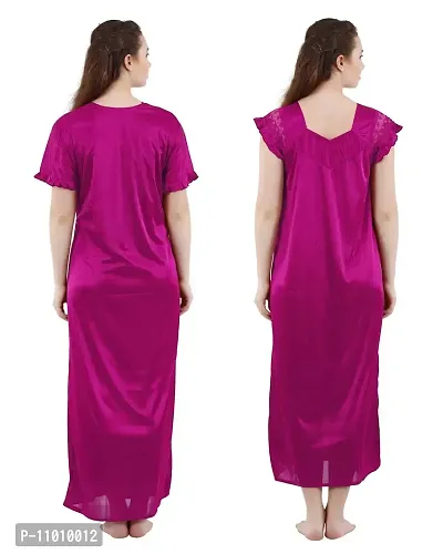 Romaisa Women's Satin Solid Maxi Length Nighty with Robe (RN297OMR329_Magenta_Free Size) (Nightwear Set Pack of 2)-thumb2