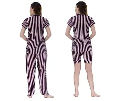Romaisa Women's Satin Printed Nightsuit Regular Length Top and Pyjama with Shorts (PT209-329_Magenta_Free Size) (Nightsuit Set Pack of 3)-thumb1