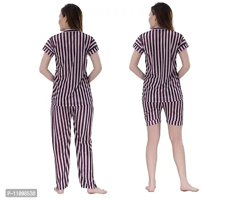 Romaisa Women's Satin Printed Nightsuit Regular Length Top and Pyjama with Shorts (PT209-329_Magenta_Free Size) (Nightsuit Set Pack of 3)-thumb2