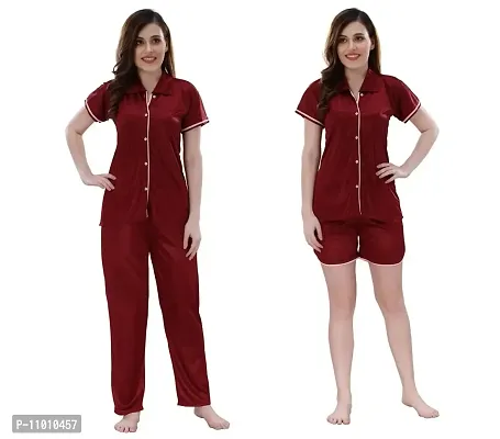 Romaisa Women's Satin Solid Nightsuit Regular Length Top and Pyjama with Shorts (PT201-346_Maroon_Free Size) (Nightsuit Set Pack of 3)-thumb0
