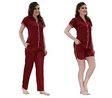 Romaisa Women's Satin Solid Nightsuit Regular Length Top and Pyjama with Shorts (PT201-346_Maroon_Free Size) (Nightsuit Set Pack of 3)-thumb3