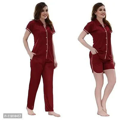 Romaisa Women's Satin Solid Nightsuit Regular Length Top and Pyjama with Shorts (PT201-346_Maroon_Free Size) (Nightsuit Set Pack of 3)-thumb4