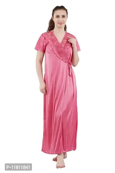 Romaisa Women's Satin Solid Maxi Length Nighty with Robe (RN263-412_Pale Violet, Red, Free Size Nightwear Set Pack of 2)-thumb5