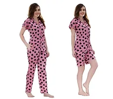 Romaisa Women's Satin Printed Nightsuit Regular Length Top and Pyjama with Shorts (PT199-375_Pink_Free Size) (Nightsuit Set Pack of 3)-thumb3