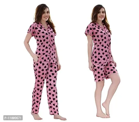 Romaisa Women's Satin Printed Nightsuit Regular Length Top and Pyjama with Shorts (PT199-375_Pink_Free Size) (Nightsuit Set Pack of 3)-thumb4