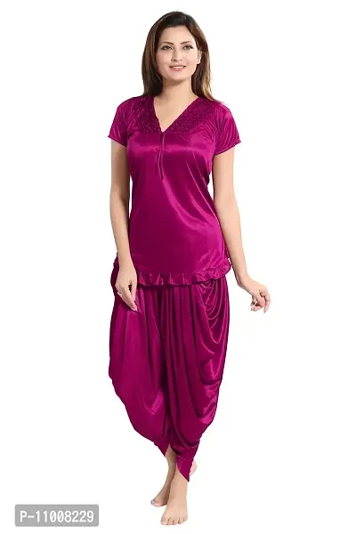 Romaisa Women's Satin Solid Nightsuit Regular Length Top with Pyjama (PT150-329_Dark Magenta_Free Size)