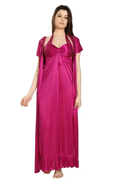 Romaisa Women's Satin Solid Maxi Length Nighty with Robe _Nightwear Set Pack of 2_Free Size