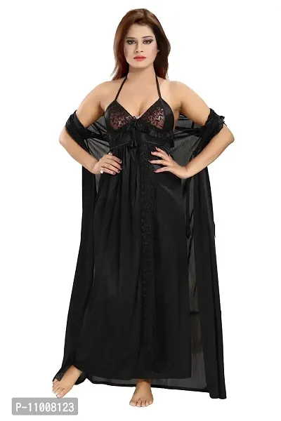 Romaisa Women's Satin Solid Maxi Length Nighty with Robe (RN285-308_Black_Free Size) (Nightwear Set Pack of 2)-thumb0