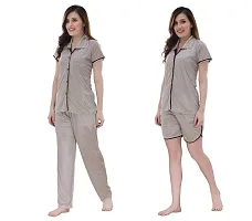 Romaisa Women's Satin Solid Nightsuit Regular Length Top and Pyjama with Shorts (PT202-325_Gray_Free Size) (Nightsuit Set Pack of 3)-thumb2