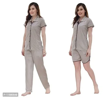 Romaisa Women's Satin Solid Nightsuit Regular Length Top and Pyjama with Shorts (PT202-325_Gray_Free Size) (Nightsuit Set Pack of 3)-thumb3