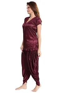 Romaisa Women's Satin Solid Nightsuit Regular Length Top with Pyjama (PT147-424_Brown_Free Size)-thumb3