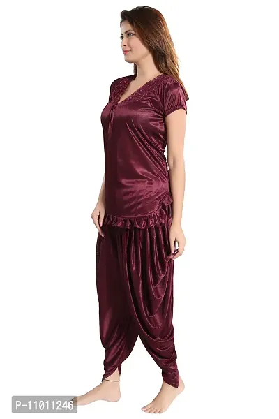 Romaisa Women's Satin Solid Nightsuit Regular Length Top with Pyjama (PT147-424_Brown_Free Size)-thumb4