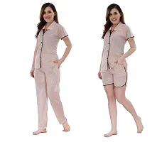 Romaisa Women's Satin Solid Nightsuit Regular Length Top and Pyjama with Shorts (PT204-399A_Rosy Brown_Free Size) (Nightsuit Set Pack of 3)-thumb2