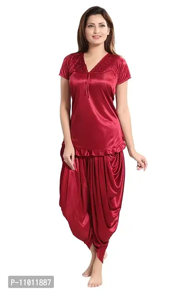 Romaisa Women's Satin Solid Nightsuit Regular Length Top with Pyjama (PT145-333_Maroon_Free Size)-thumb0
