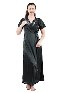 Romaisa Women's Satin Solid Maxi Length Nighty with Robe (RN286-308, Black, Free Size, Nightwear Set Pack of 2)-thumb2