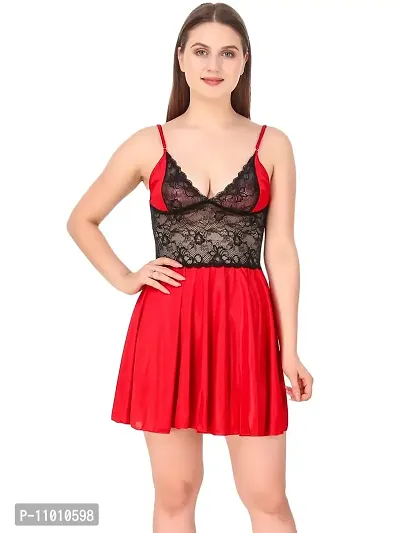 Romaisa Women's Satin Solid Above Knee Length Babydoll (BD157-320_Red_Free Size)