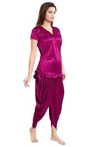 Romaisa Women's Satin Solid Nightsuit Regular Length Top with Pyjama (PT150-329_Dark Magenta_Free Size)-thumb2