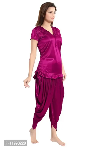 Romaisa Women's Satin Solid Nightsuit Regular Length Top with Pyjama (PT150-329_Dark Magenta_Free Size)-thumb3