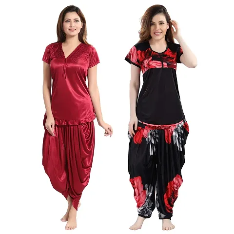 Romaisa Women's Satin Self Design Nightsuit Regular Length Printed and Plain Pajama Top Nightsuit Set Pack of 4_Free Size