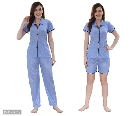 Romaisa Women's Satin Solid Nightsuit Regular Length Top and Pyjama with Shorts (PT206-318_Cornflower Blue_Free Size) (Nightsuit Set Pack of 3)