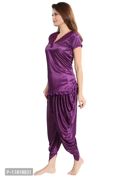 Romaisa Women's Satin Solid Nightsuit Regular Length Top with Pyjama (PT144-361_Indigo Purple_Free Size)-thumb3