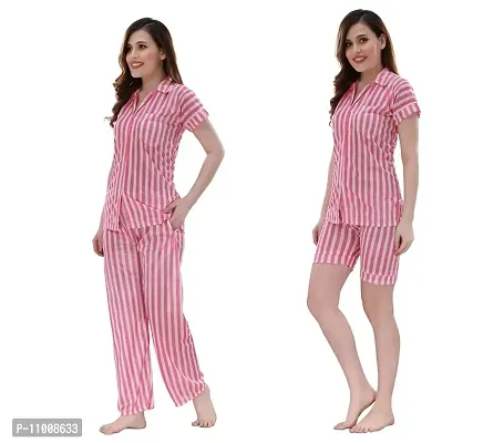 Romaisa Women's Satin Printed Nightsuit Regular Length Top and Pyjama with Shorts (PT208-375_Pink_Free Size) (Nightsuit Set Pack of 3)-thumb3