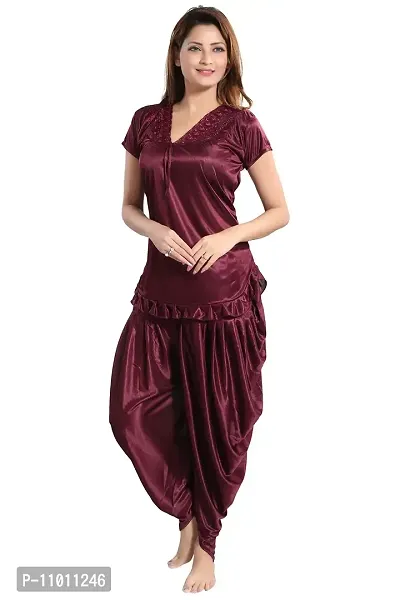 Romaisa Women's Satin Solid Nightsuit Regular Length Top with Pyjama (PT147-424_Brown_Free Size)