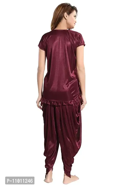 Romaisa Women's Satin Solid Nightsuit Regular Length Top with Pyjama (PT147-424_Brown_Free Size)-thumb2