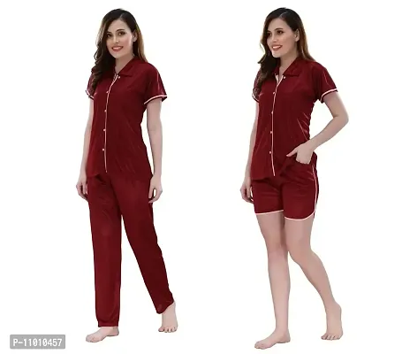 Romaisa Women's Satin Solid Nightsuit Regular Length Top and Pyjama with Shorts (PT201-346_Maroon_Free Size) (Nightsuit Set Pack of 3)-thumb3