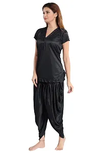 Romaisa Women's Satin Solid Nightsuit Regular Length Top with Pyjama (PT151-308_Dark Black_Free Size)-thumb2