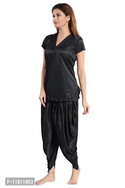 Romaisa Women's Satin Solid Nightsuit Regular Length Top with Pyjama (PT151-308_Dark Black_Free Size)-thumb3