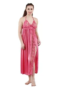 Romaisa Women's Satin Solid Maxi Length Nighty with Robe (RN263-412_Pale Violet, Red, Free Size Nightwear Set Pack of 2)-thumb1