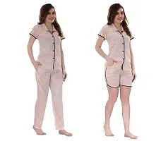 Romaisa Women's Satin Solid Nightsuit Regular Length Top and Pyjama with Shorts (PT204-399A_Rosy Brown_Free Size) (Nightsuit Set Pack of 3)-thumb3