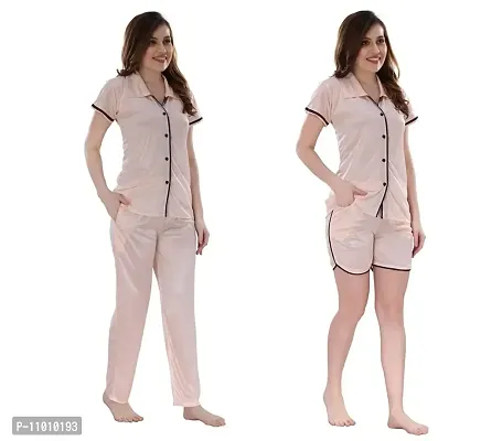 Romaisa Women's Satin Solid Nightsuit Regular Length Top and Pyjama with Shorts (PT204-399A_Rosy Brown_Free Size) (Nightsuit Set Pack of 3)-thumb4