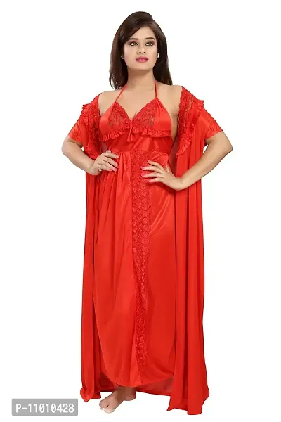 Romaisa Women's Satin Solid Maxi Length Nighty with Robe (RN284-320_Crimson Red_Free Size) (Nightwear Set Pack of 2)