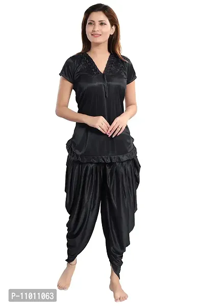 Romaisa Women's Satin Solid Nightsuit Regular Length Top with Pyjama (PT151-308_Dark Black_Free Size)