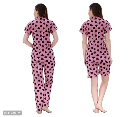 Romaisa Women's Satin Printed Nightsuit Regular Length Top and Pyjama with Shorts (PT199-375_Pink_Free Size) (Nightsuit Set Pack of 3)-thumb2